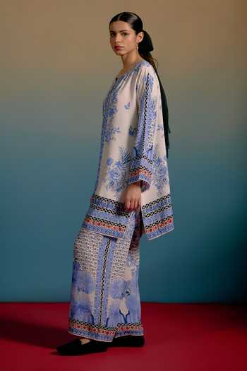 Buy_Shetab Kazmi_Blue Cotton Split V-neck Dove Printed Kurta And Pant Set 