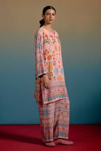 Shetab Kazmi_Peach Cotton Split V-neck Fleur Printed Kurta And Pant Set _Online_at_Aza_Fashions