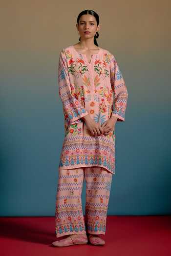 Buy_Shetab Kazmi_Peach Cotton Split V-neck Fleur Printed Kurta And Pant Set _Online_at_Aza_Fashions