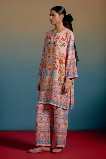 Shop_Shetab Kazmi_Peach Cotton Split V-neck Fleur Printed Kurta And Pant Set _Online_at_Aza_Fashions