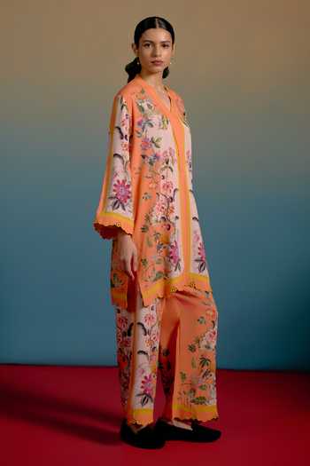 Shetab Kazmi_Orange Cotton V-neck Floral Printed Kurta And Pant Set _Online_at_Aza_Fashions