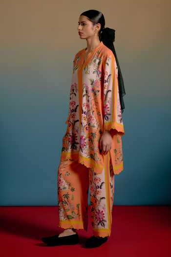 Buy_Shetab Kazmi_Orange Cotton V-neck Floral Printed Kurta And Pant Set _Online_at_Aza_Fashions