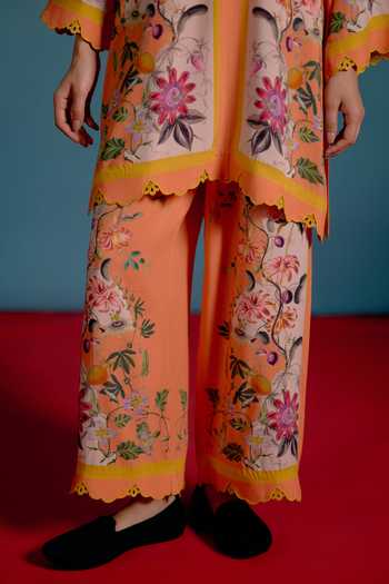 Shop_Shetab Kazmi_Orange Cotton V-neck Floral Printed Kurta And Pant Set _Online_at_Aza_Fashions