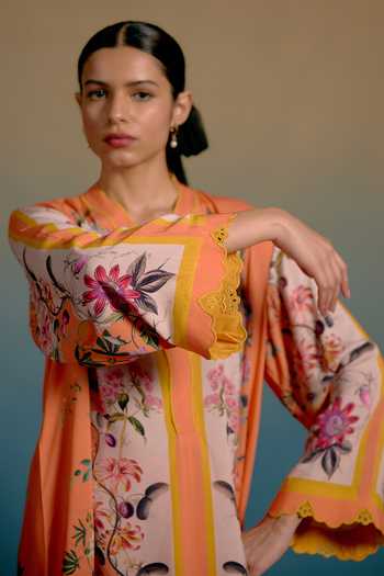 Shetab Kazmi_Orange Cotton V-neck Floral Printed Kurta And Pant Set _at_Aza_Fashions