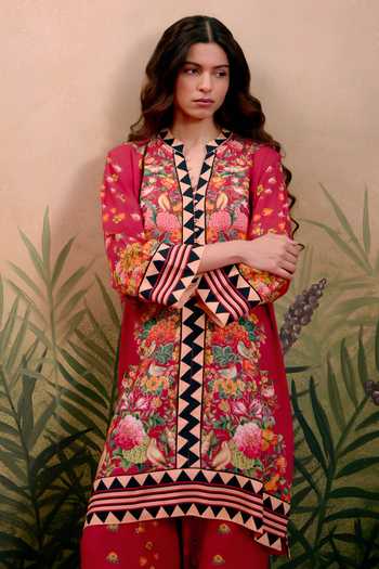 Shop_Shetab Kazmi_Red Cotton V-neck Mira Printed Kurta And Pant Set 