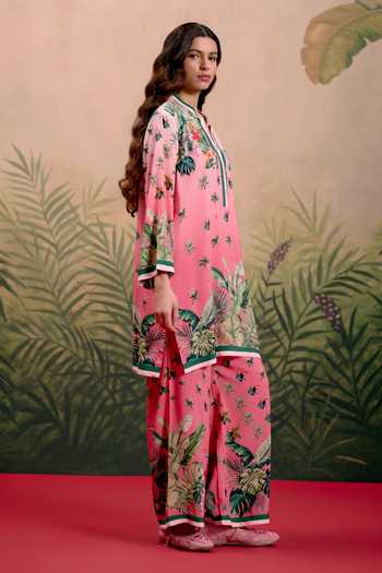 Shetab Kazmi_Pink Cotton Split V-neck Luma Printed Kurta And Pant Set _Online_at_Aza_Fashions
