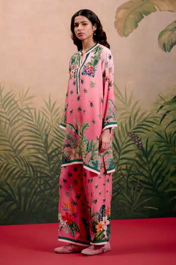 Buy_Shetab Kazmi_Pink Cotton Split V-neck Luma Printed Kurta And Pant Set _Online_at_Aza_Fashions