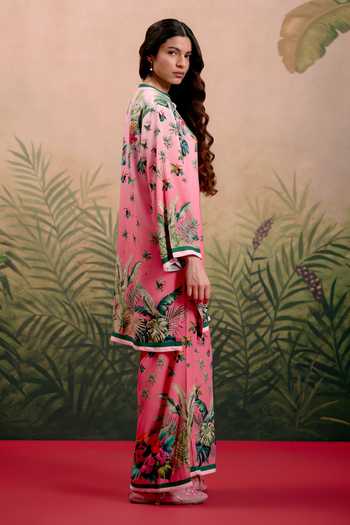 Shop_Shetab Kazmi_Pink Cotton Split V-neck Luma Printed Kurta And Pant Set _Online_at_Aza_Fashions