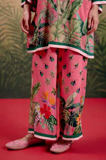 Shetab Kazmi_Pink Cotton Split V-neck Luma Printed Kurta And Pant Set _at_Aza_Fashions