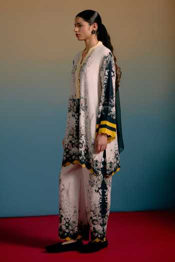 Buy_Shetab Kazmi_Ivory Cotton V-neck Nera Printed Kurta And Pant Set _Online_at_Aza_Fashions