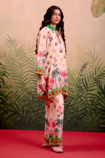 Shetab Kazmi_Peach Cotton Collared, Yes Palm Printed Kurta And Pant Set _Online_at_Aza_Fashions