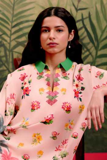 Buy_Shetab Kazmi_Peach Cotton Collared, Yes Palm Printed Kurta And Pant Set _Online_at_Aza_Fashions
