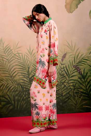 Shop_Shetab Kazmi_Peach Cotton Collared, Yes Palm Printed Kurta And Pant Set _Online_at_Aza_Fashions
