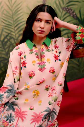 Shetab Kazmi_Peach Cotton Collared, Yes Palm Printed Kurta And Pant Set _at_Aza_Fashions