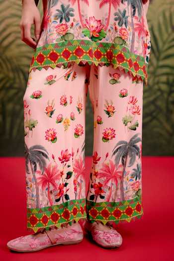 Buy_Shetab Kazmi_Peach Cotton Collared, Yes Palm Printed Kurta And Pant Set 