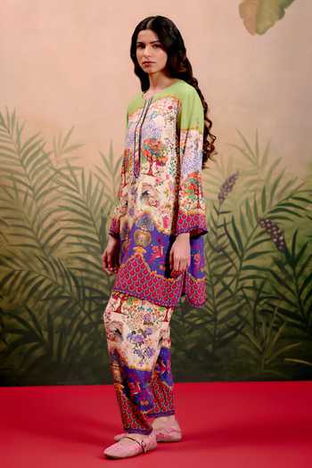 Shetab Kazmi_Multi Color Cotton Round Neck Prism Printed Kurta And Pant Set _Online_at_Aza_Fashions