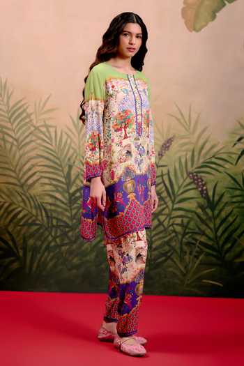 Buy_Shetab Kazmi_Multi Color Cotton Round Neck Prism Printed Kurta And Pant Set _Online_at_Aza_Fashions