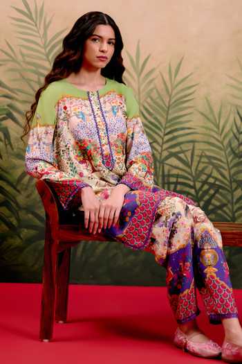 Shetab Kazmi_Multi Color Cotton Round Neck Prism Printed Kurta And Pant Set _at_Aza_Fashions