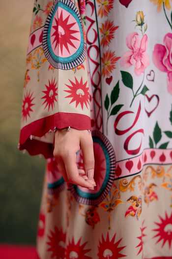 Shetab Kazmi_Blue Cotton Split V-neck Rosa Printed Kurta And Pant Set _Online_at_Aza_Fashions