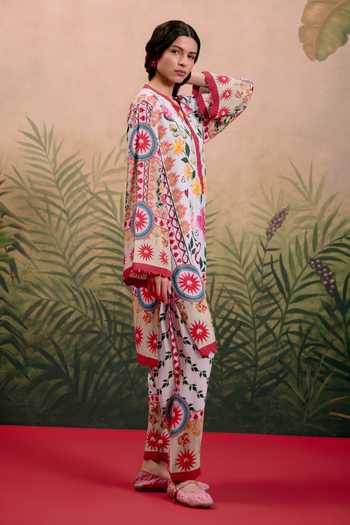 Shop_Shetab Kazmi_Blue Cotton Split V-neck Rosa Printed Kurta And Pant Set _Online_at_Aza_Fashions