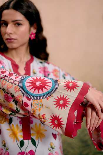 Shetab Kazmi_Blue Cotton Split V-neck Rosa Printed Kurta And Pant Set _at_Aza_Fashions