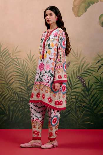 Buy_Shetab Kazmi_Blue Cotton Split V-neck Rosa Printed Kurta And Pant Set 