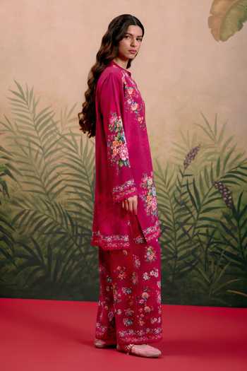 Shetab Kazmi_Pink Cotton Split V-neck, Yes Suri Printed Kurta And Pant Set _Online_at_Aza_Fashions