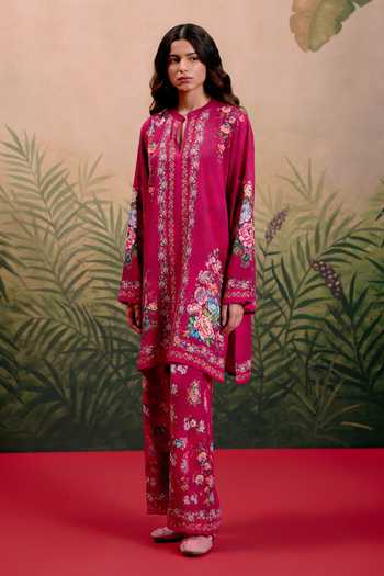 Buy_Shetab Kazmi_Pink Cotton Split V-neck, Yes Suri Printed Kurta And Pant Set _Online_at_Aza_Fashions