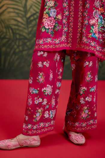Shop_Shetab Kazmi_Pink Cotton Split V-neck, Yes Suri Printed Kurta And Pant Set 