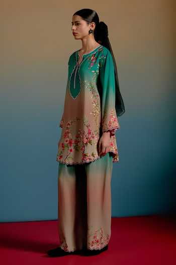 Shetab Kazmi_Green Cotton Split V-neck Zea Printed Kurta And Pant Set _Online_at_Aza_Fashions