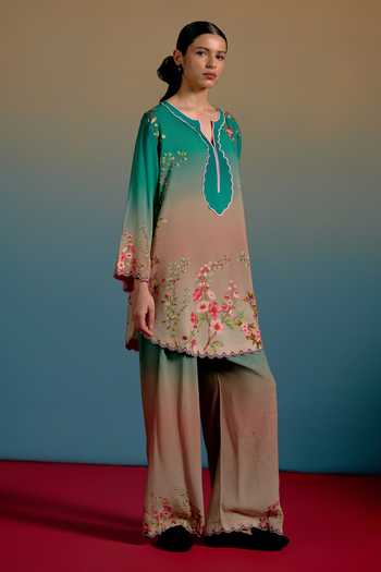 Buy_Shetab Kazmi_Green Cotton Split V-neck Zea Printed Kurta And Pant Set _Online_at_Aza_Fashions