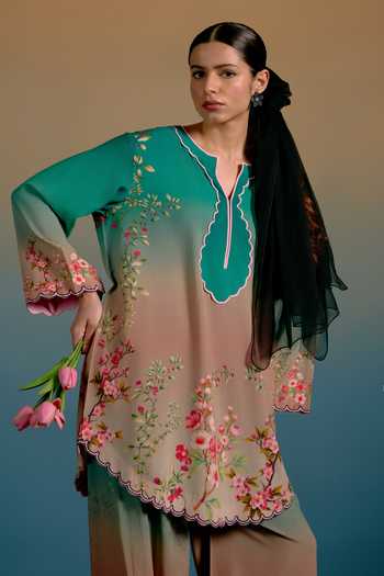 Shop_Shetab Kazmi_Green Cotton Split V-neck Zea Printed Kurta And Pant Set 