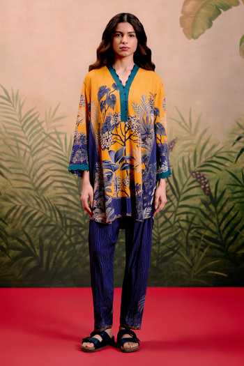 Buy_Shetab Kazmi_Multi Color Cotton V-neck Zuri Printed Kurta And Pant Set _Online_at_Aza_Fashions