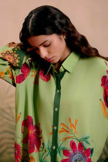 Shop_Shetab Kazmi_Green Cotton Collared Vera Printed Kurta And Pant Set _Online_at_Aza_Fashions