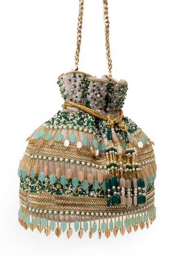 SG Collection By Sonia Gulrajani_Gold Embroidery, Beads, Pearls, Zari, Stones, Tassels Amreen Raw Silk Potli Bag _Online_at_Aza_Fashions