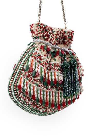 SG Collection By Sonia Gulrajani_Red Beads, Pearls, Crystals, Tassels Emerald Muse Beaded Potli _Online_at_Aza_Fashions