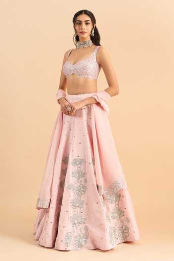 Roohbyridhimaa_Pink Silk, Organza, Viscose Embroidery, Mirrors Kaira Resham Lehenga Set _Online_at_Aza_Fashions