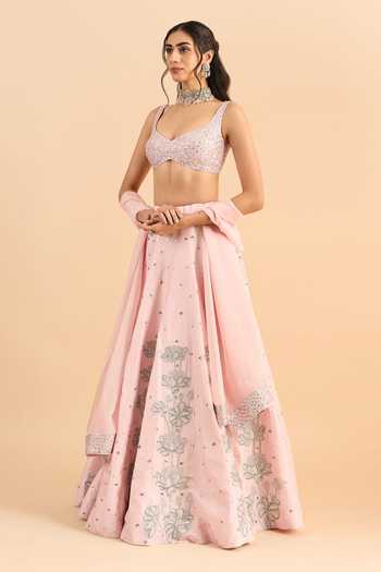 Shop_Roohbyridhimaa_Pink Silk, Organza, Viscose Embroidery, Mirrors Kaira Resham Lehenga Set _Online_at_Aza_Fashions