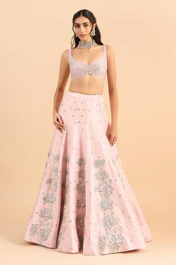 Roohbyridhimaa_Pink Silk, Organza, Viscose Embroidery, Mirrors Kaira Resham Lehenga Set _at_Aza_Fashions