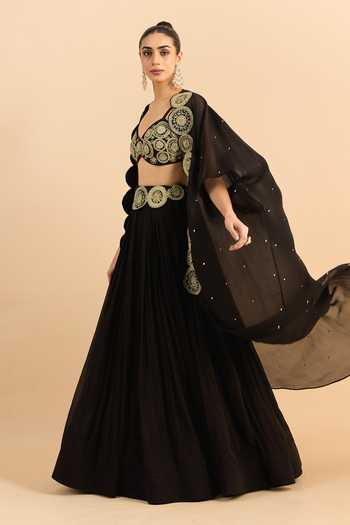 Roohbyridhimaa_Black Organza, Viscose Embroidery, Beads, Pearls, Zari Border Cape Lehenga Set _at_Aza_Fashions