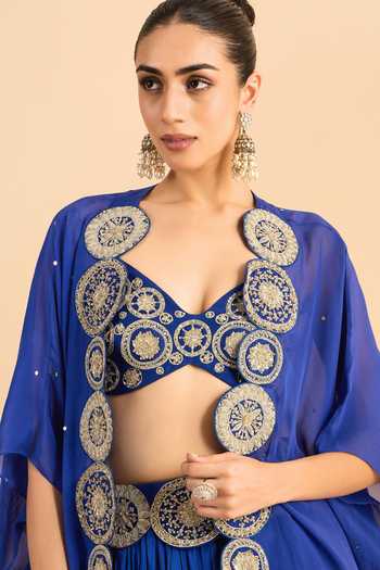 Buy_Roohbyridhimaa_Blue Organza, Viscose Beads, Pearls, Zari Border Embroidered Cape Lehenga Set _Online_at_Aza_Fashions
