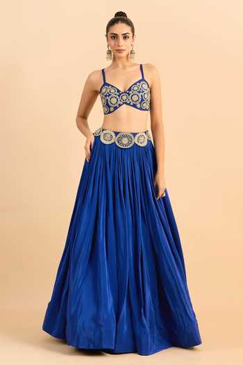 Shop_Roohbyridhimaa_Blue Organza, Viscose Beads, Pearls, Zari Border Embroidered Cape Lehenga Set _Online_at_Aza_Fashions