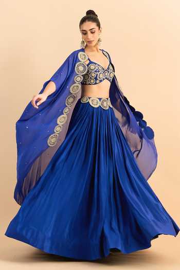 Roohbyridhimaa_Blue Organza, Viscose Beads, Pearls, Zari Border Embroidered Cape Lehenga Set _at_Aza_Fashions