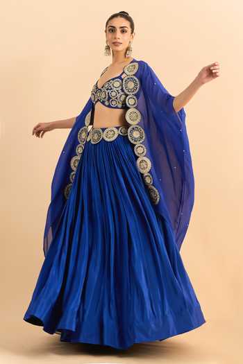 Shop_Roohbyridhimaa_Blue Organza, Viscose Beads, Pearls, Zari Border Embroidered Cape Lehenga Set 