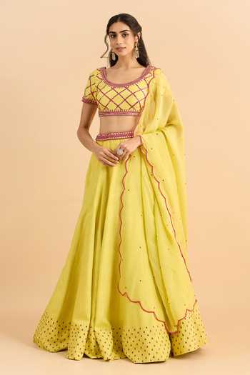 Roohbyridhimaa_Yellow Silk, Organza, Viscose Embroidery, Sequins Umrah Sitaara Lehenga Set _Online_at_Aza_Fashions