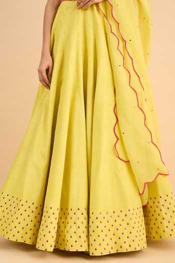 Buy_Roohbyridhimaa_Yellow Silk, Organza, Viscose Embroidery, Sequins Umrah Sitaara Lehenga Set _Online_at_Aza_Fashions