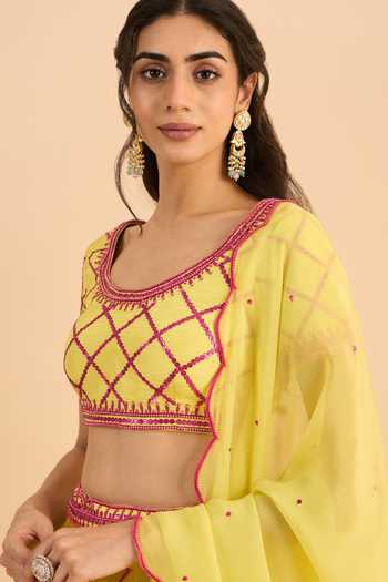 Shop_Roohbyridhimaa_Yellow Silk, Organza, Viscose Embroidery, Sequins Umrah Sitaara Lehenga Set _Online_at_Aza_Fashions