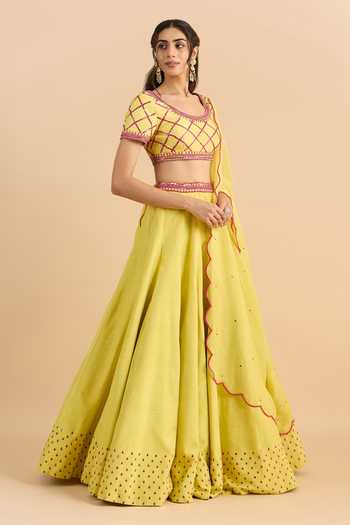 Roohbyridhimaa_Yellow Silk, Organza, Viscose Embroidery, Sequins Umrah Sitaara Lehenga Set _at_Aza_Fashions