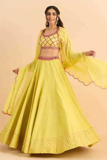 Buy_Roohbyridhimaa_Yellow Silk, Organza, Viscose Embroidery, Sequins Umrah Sitaara Lehenga Set 