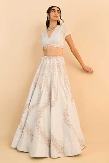 Buy_Roohbyridhimaa_Blue Organza, Embroidery, Zari V-neck Seher Lehenga And Blouse Set _Online_at_Aza_Fashions